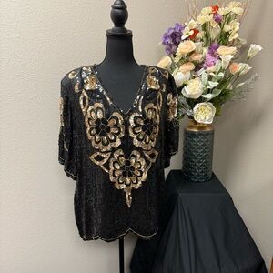 Black and Gold Sequin Embellished 100% Silk Blouse Royal Feelings. 3X